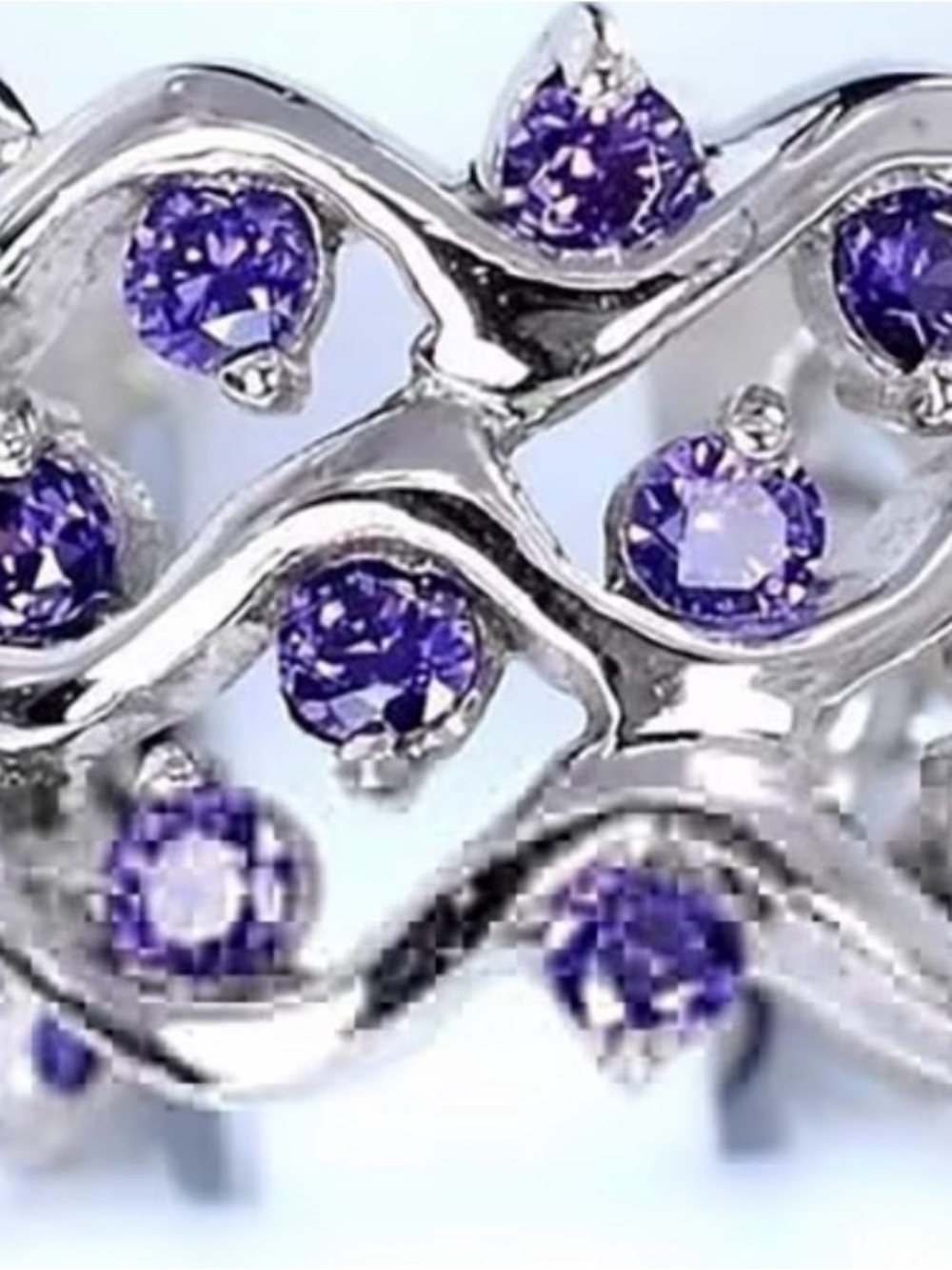 Silver Wave Ring with Purple Crystal Accents